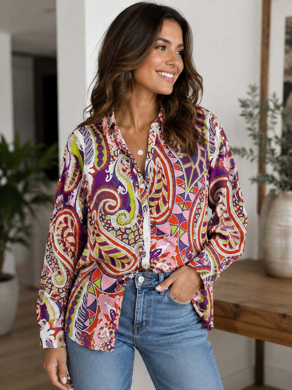 Lafayette 148 New York Multicolor Paisley Print Ruched Button-Up Long Sleeve Blo